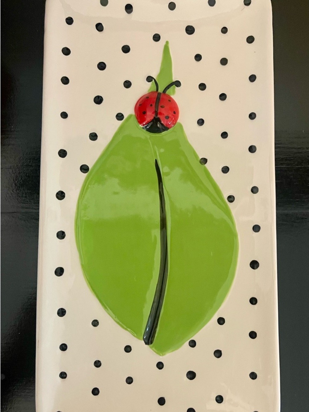 Green Leaf and Red Ladybug Ceramic Tray